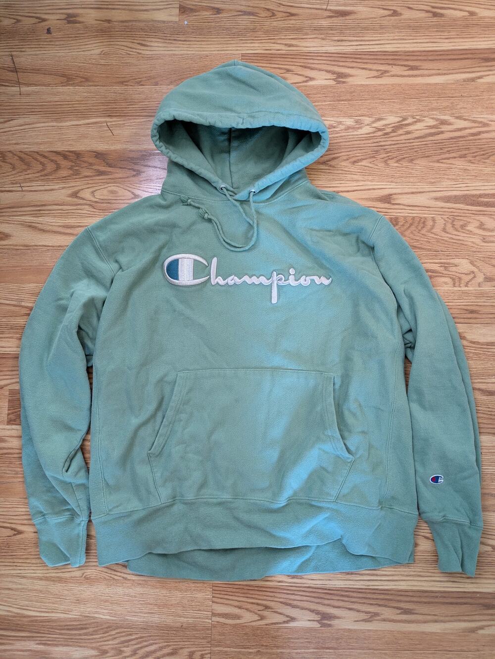 Champion Reverse Weave Women's XL Sage Green Pink Script Hoodie Oversized